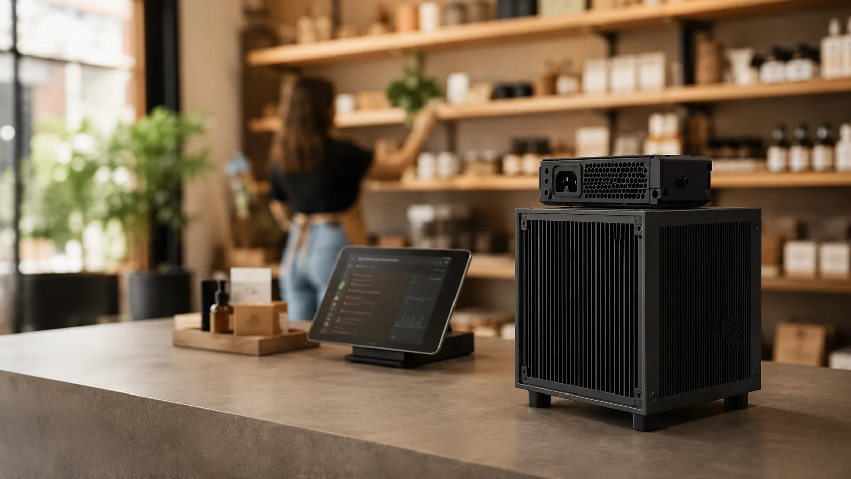 Conceptual visualization of an Atarla node and approval tablet on a shop counter